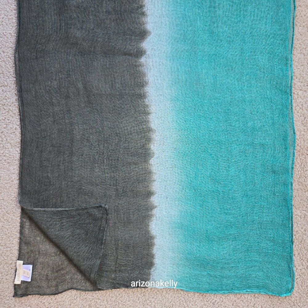 Eileen Fisher Linen Scarf Gradient Ombre Bluish Green to Brownish Green - Picture 5 of 9
